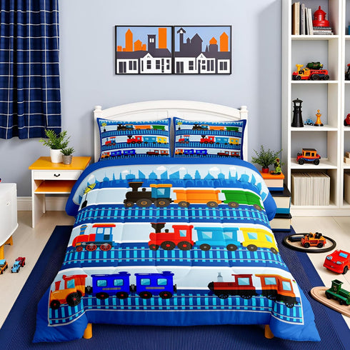 Cartoon Train Comforter Set Kids Train Bedding Twin Size ,Colorful Vehicles Car