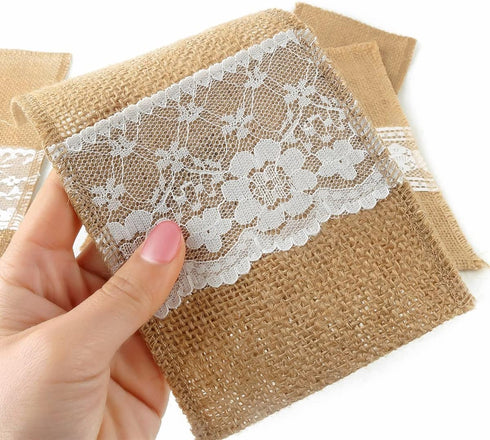 FQTANJU 50 PCS Burlap Lace Utensil Cutlery Holders Pouch for Rustic Wedding Party Decorations, 4"x8"