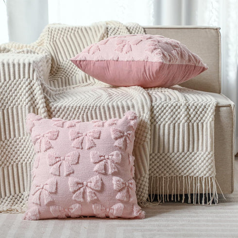 Set 2 Summer (18 18 Inch) Mixweer Pink Bow Pillow Covers of Preppy Room Decor Coquette Cute Spring Decorative Faux Fur