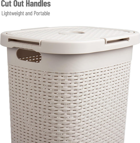 Mind Reader Slim Laundry Hamper with Lid, 60L Wicker Design, 17.65"L x 13.75"W x 24.15"H, Ivory