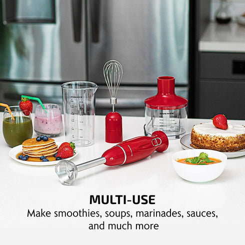 OVENTE Immersion Electric Hand Blender, 300 Watt Power with Stainless Steel Blades, Includes Whisk and Chopper, Red
