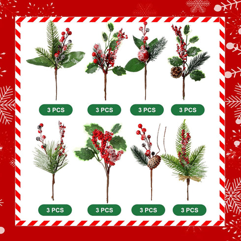 WILLBOND 24 Poinsettia Pcs Christmas Picks and Spray Christmas Tree Red Berry Pine Picks Artificial Faux Berry Branches