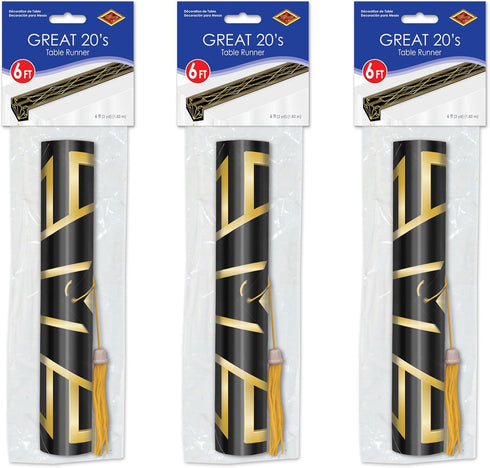 Beistle 59907 3 Piece Printed Great 20's Table Runners, Black/Gold, 11" x 6'