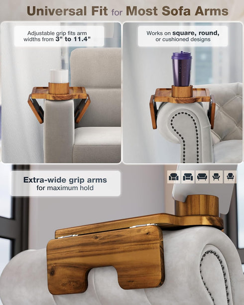 2-in-1 360 SS304 BLUEWEST Couch Cup Holder Tray & Sofa Arm Tray Large Acacia Wood Clip-On Side Table with Cup Holder on