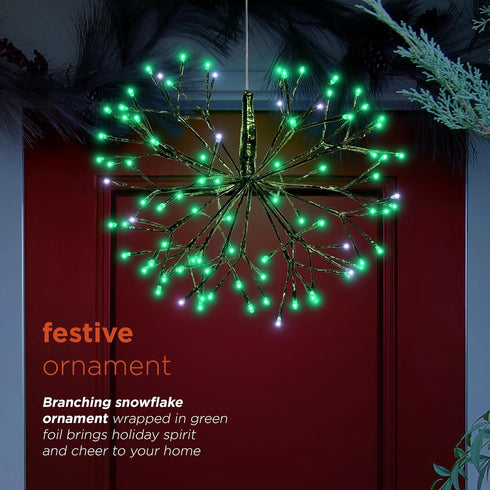 Alpine Corporation 16"H Indoor Holiday 3D Snowflake Ornament - LED Lights, Green Christmas Decoration