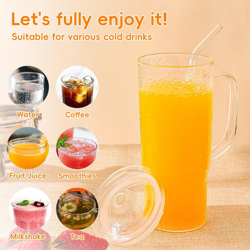 24oz 2 Pack GOSCHE Glass Cups with Lids and Straws, Clear Iced Coffee Cups with Handle, Glass Tumbler with Straw