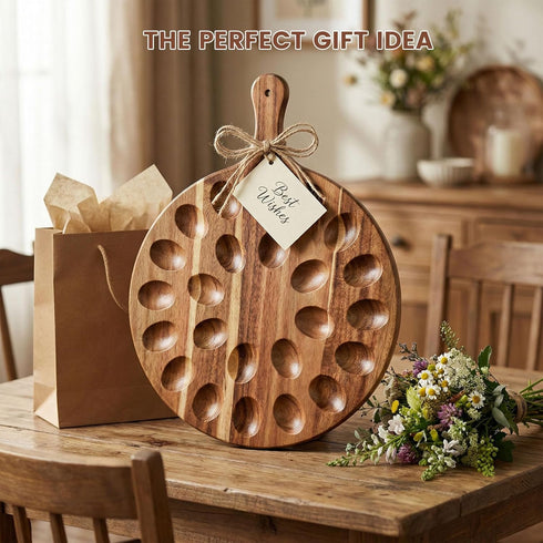 24 Countertops HANSGO Deviled Egg Platter, Wooden Round Deviled Egg Charcuterie Board Tray Holder Carrier with Holes