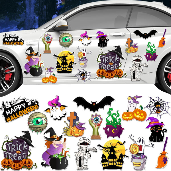 16 Pcs Halloween Reflective Car Magnets, Pumpkin Bat Stickers for Refrigerator, Garage Door Decor