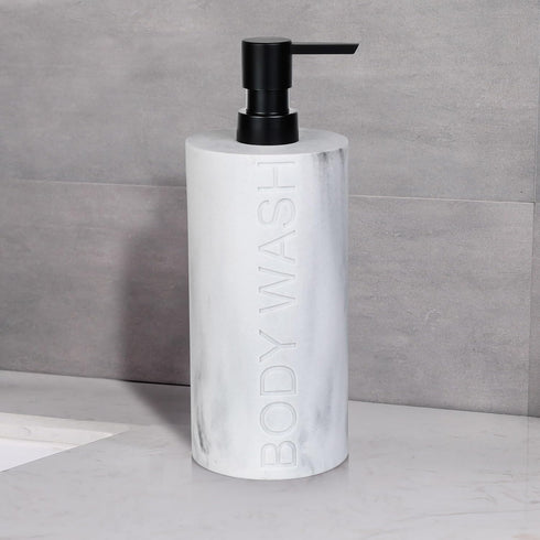 Resin White Marbled Body Wash Engraved Bottle Refillable Pump Dispenser, Durable Waterproof Construction for Bath