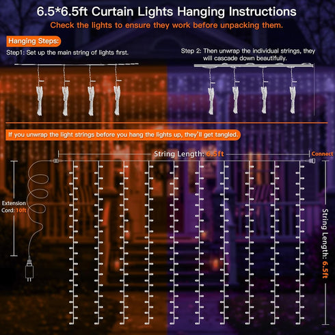 200 6.5ft 6.5ft suddus Color Changing Curtain Lights for Halloween, LED x Hanging String Lights with USB, Curtain Fairy