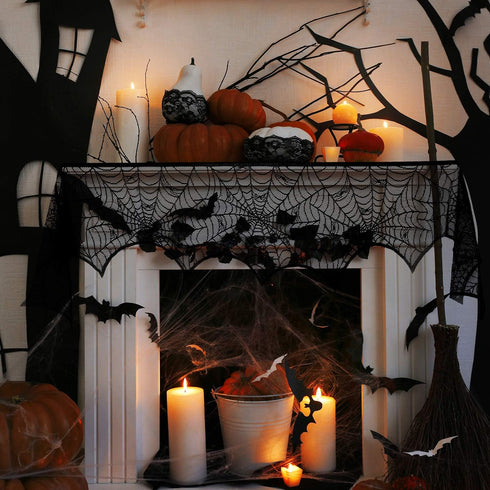Blulu 2 Pieces Spiderweb Fireplace Mantle Scarf, Lace Halloween Decoration Cover for Home Party Supply (Black, 18 by 96