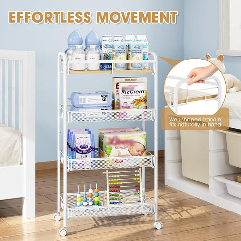 4-Tier TOOLF Rolling Cart, Metal Utility Cart, Slide Out Storage Cart with Wooden Tabletop and Mesh Baskets, Easy