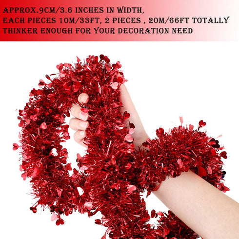 Boao 66 Feet Red Heart Tinsel Garland Decoration, Shiny Metallic Ornaments for Valentine's Day Wedding