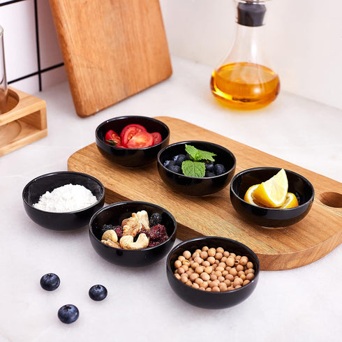 Ceramic Pinch Bowls, 2.5 oz Mini Prep Dip Bowl Set, Small Dipping Salsa Charcuterie Bowls, Set of 6 (Black)