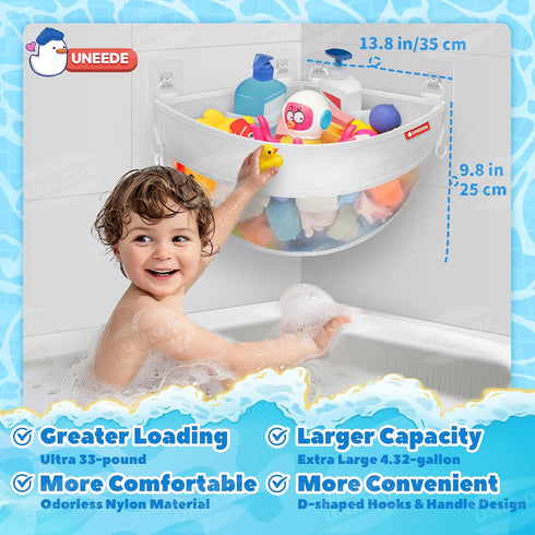 4.32 UNEEDE Gallons Corner Mounted Bath Toy Storage Holder, Mesh Shower Caddy for Bathtub Organizer, Quick Dry Holder