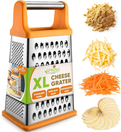 Spring Chef Handheld Stainless Steel XL Parmesan Cheese Grater, 4 Sided Manual Box Grater for Kitchen