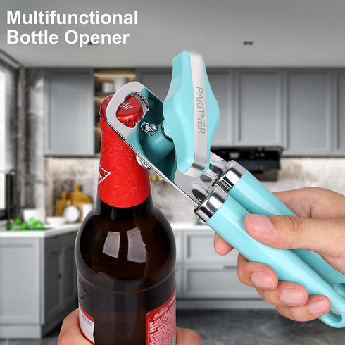 Manual Can Opener: Heavy Duty Stainless Steel Safe Cut with Magnetic Lifter, Smooth Edge, Easy Big Turn Knob, Aqua Sky