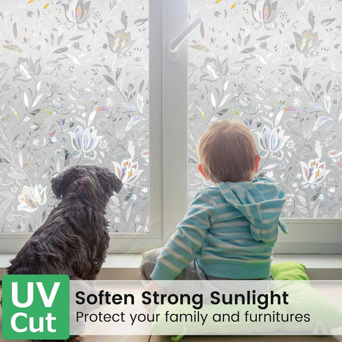 rabbitgoo Window Privacy Film, Decorative Stained Glass Window Film, Sun Blocking Window Clings, Renter-Friendly Static Cling Frosted Window Sticker Covering for Home, Rainbow Tulip 17.5" x 157.4" by rabbitgoo