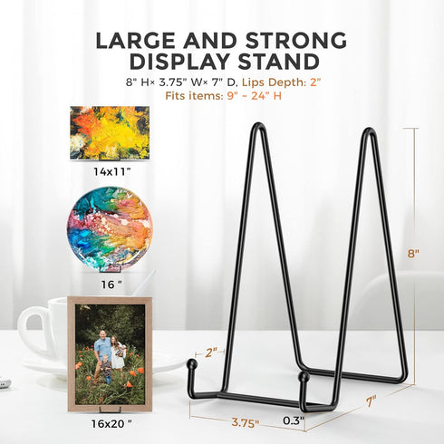 TR-LIFE 4 Pack 8 Inch Large Plate Stands for Display - Plate Holder Display Stand + Metal Frame Holder Stand for Picture, Book, Decorative Plate, Platter, Photo Easel (4 Pack)