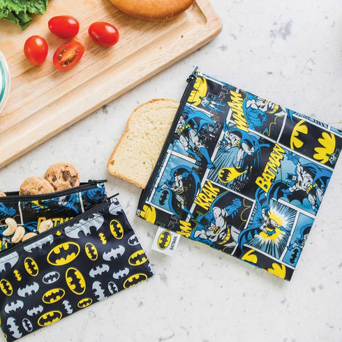 Bumkins DC Comics Batman Reusable Sandwich and Snack Bags, Washable Fabric, Waterproof Cloth Zip Bag, Large