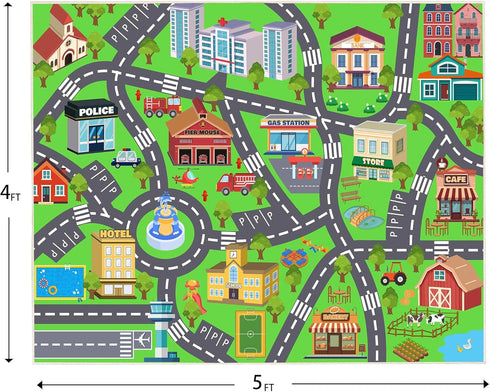 4x5 Kids Room Rug - Soft & Non-Slip Ft Town Car Rugs City Map Play Mat, Childrens Road Carpet Washable Playmat