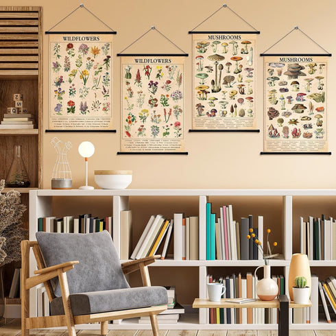 4 15.7 23.6 Inch(Cute, Lewtemi Pcs Vintage Mushroom Wildflowers Poster Fungus Butterfly Tree Wall Hanging Poster Prints