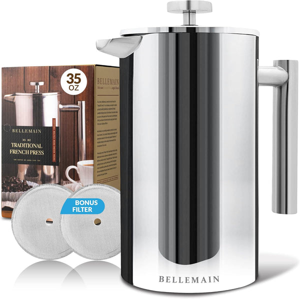 Bellemain French Press Coffee Maker with Extra Filters, 35 oz, Stainless Steel