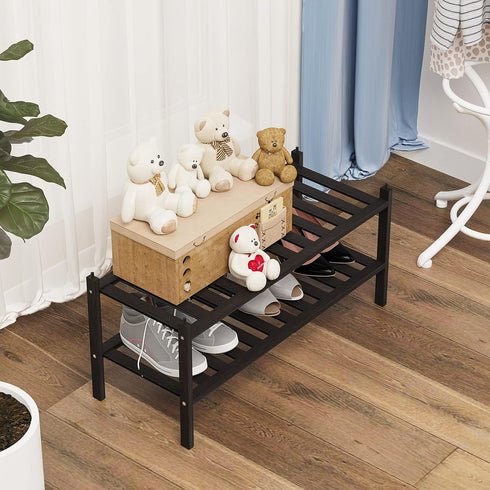Dranixly 2-Tier Closet, Shoe Rack, Bamboo Stackable Shelf Storage Organizer, Stand for Entryway and Hallway Black