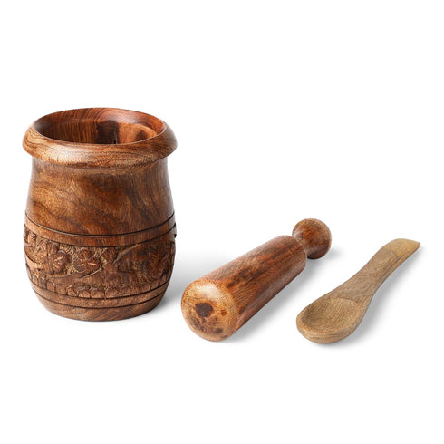 3.5 GoCraft Wooden Carved Mortar and Pestle | Grinder for Herbs, Spices and Kitchen Usage, Natural Mango Wood Engraved
