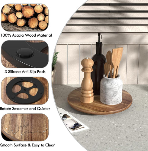 Lazy Susan Turntable for Cabinet, Acacia Wood Lazy Susan Organizer for Table Top, Kitchen Countertop Organizer for