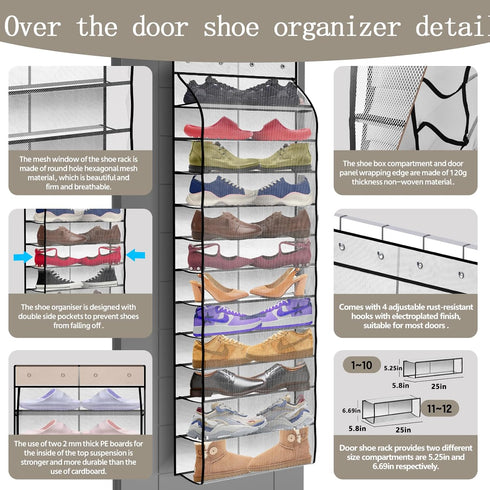 PAULONE 12 Pocket Over the Door Shoe Organizer,Reusable Breathable Large Mesh Bag Men's & Women's Sneaker