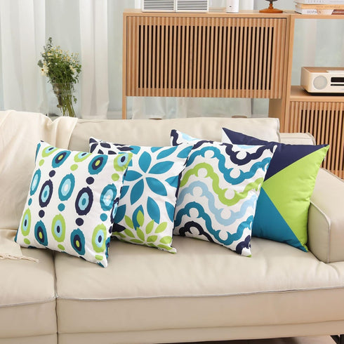 Decorative Green Blue Abstract Throw Pillow Covers 16x16 Inch, Set of 4 Geometric Cotton Linen Cushion Covers