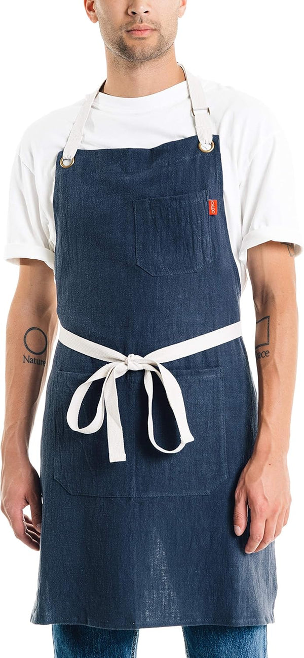 Caldo Linen Kitchen Apron for Cooking- Mens and Womens Linen Bib Apron