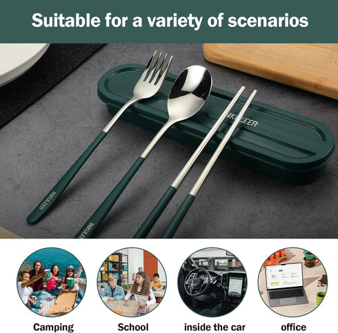 Travel Cutlery Set, 18/8 Stainless Steel Utensils, Reusable with Case, Portable Silverware Lunch Box (Green)