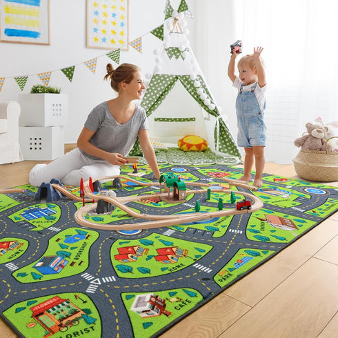 4x6 3-12 Merelax Kids Car Area Rug, Green Grey Area Road Rugs for Living Room Playroom Classroom Bedroom, Non Slip Kids