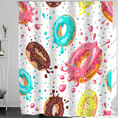 Colorful Donuts Shower Curtain Sets with Hooks, Pink Chocolate Lemon Blue Mint Glaze on White, Waterproof Bathroom Decor