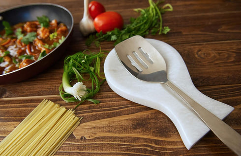 Radicaln Marble Spoon Rest White Spatula Ladle Fork Handmade Utensil Rest - Spoon Rests Keeper Kitchen Organizer - Chef Cooking Helper Tool Countertop Spoon Holder