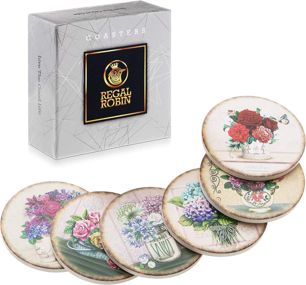 Regal Robin Absorbent Ceramic Rustic Coasters for Drinks Drink Coaster Set - Cute 4