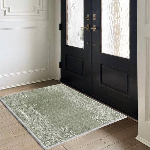 NICETOWN Sage Green Entryway Rug 2x3 Washable Thin Geometric Non-Slip Area Rug for Living Room, Kitchen, Bathroom