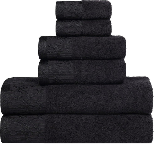 6 Set, 2 2 2 Superior Piece Cotton Towel Floral Jacquard Dobby Border, Quick Dry, Decorative Bathroom, Shower, Bath