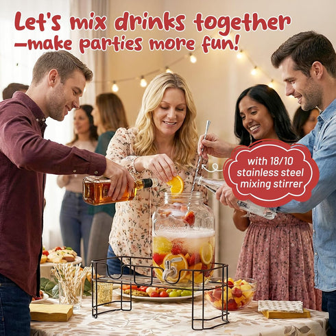 1 2 Pack 18/10 KIKCOIN Gallon Glass Drink Dispensers for Parties, Leakproof Beverage Dispenser with Stand & Stainless