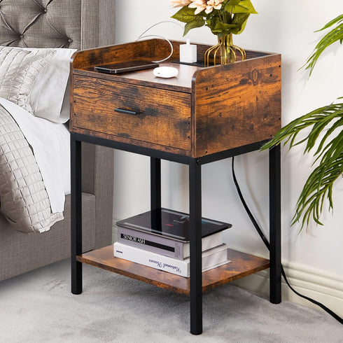 Lerliuo Nightstand with Charging Station, 3-Tier End Table with Storage Drawer, Modern Bedside Night Stand, Retro Brown