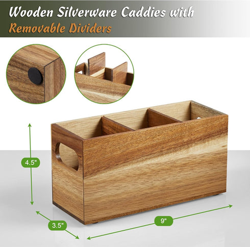 Acacia Wooden Utensil Caddy, Silverware Holder, Cutlery Organizer for Countertop, Fork Spoon Knife Holder for Party