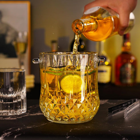 Glass Ice Bucket with Handle and Ice Tong - Clear Crystal Ice Buckets for Cocktail Bar, Wine Home Bar Accessories