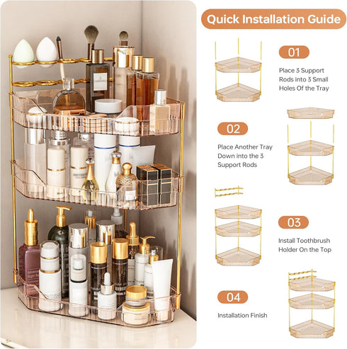 Counter Countertop, 3-Tier) Corner Bathroom Organizer with Makeup Brush Holder & Toothbrush Holders, Makeup Organizer