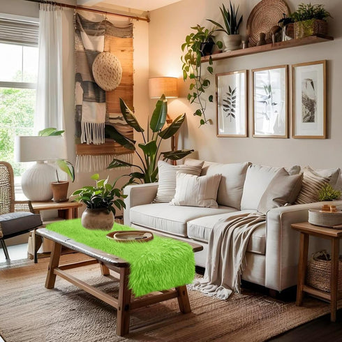 36'' Summer Spring Green Table Runner Short, Small Fluffy Faux Fur Dresser Runners for Bedroom, Furry Coffee Table