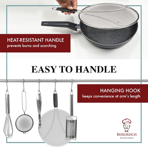 BergKoch 9.5 Inch Stainless Steel Splatter Screen for Frying Pan - Grease Splatter Guard for Cooking