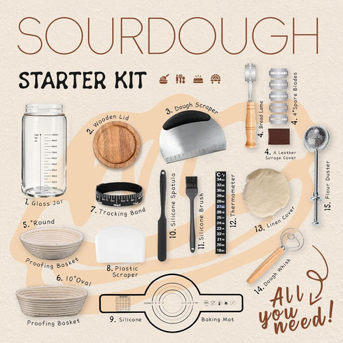 Kit,40oz Lid,2 (9Round 10Oval),Bread Sourdough Starter Sourdough Starter Jar with Wooden Banneton Bread Proofing