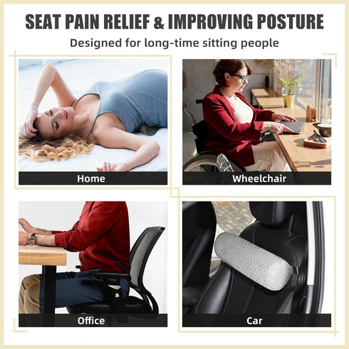 Lumbar Roll Pillow for Lower Back, Foam Roll Cushion with Pillowcase and Strap for Office Chair Car Pain Relief