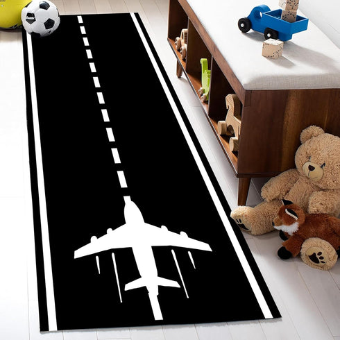 Kuluoits Rug,2x6ft, Runway Track Aircraft Runner Black White Long Runner Rugs Aviation Airport Plane Racing Runway Area